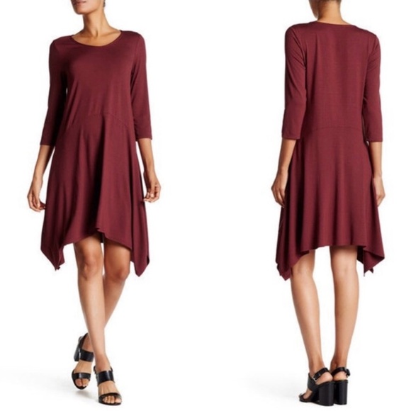 Eileen Fisher Asymmetrical Hem 3/4 Sleeve Passion Flower Scoop-Neck Jersey Dress - Picture 2 of 7